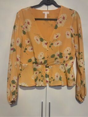 Leith Yellow Floral V-Neck Peplum Blouse